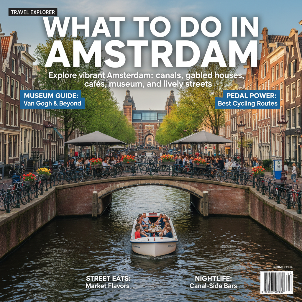 Explore vibrant Amsterdam: canals, bikes, gabled houses, cafés, tulips, museums, and lively streets.