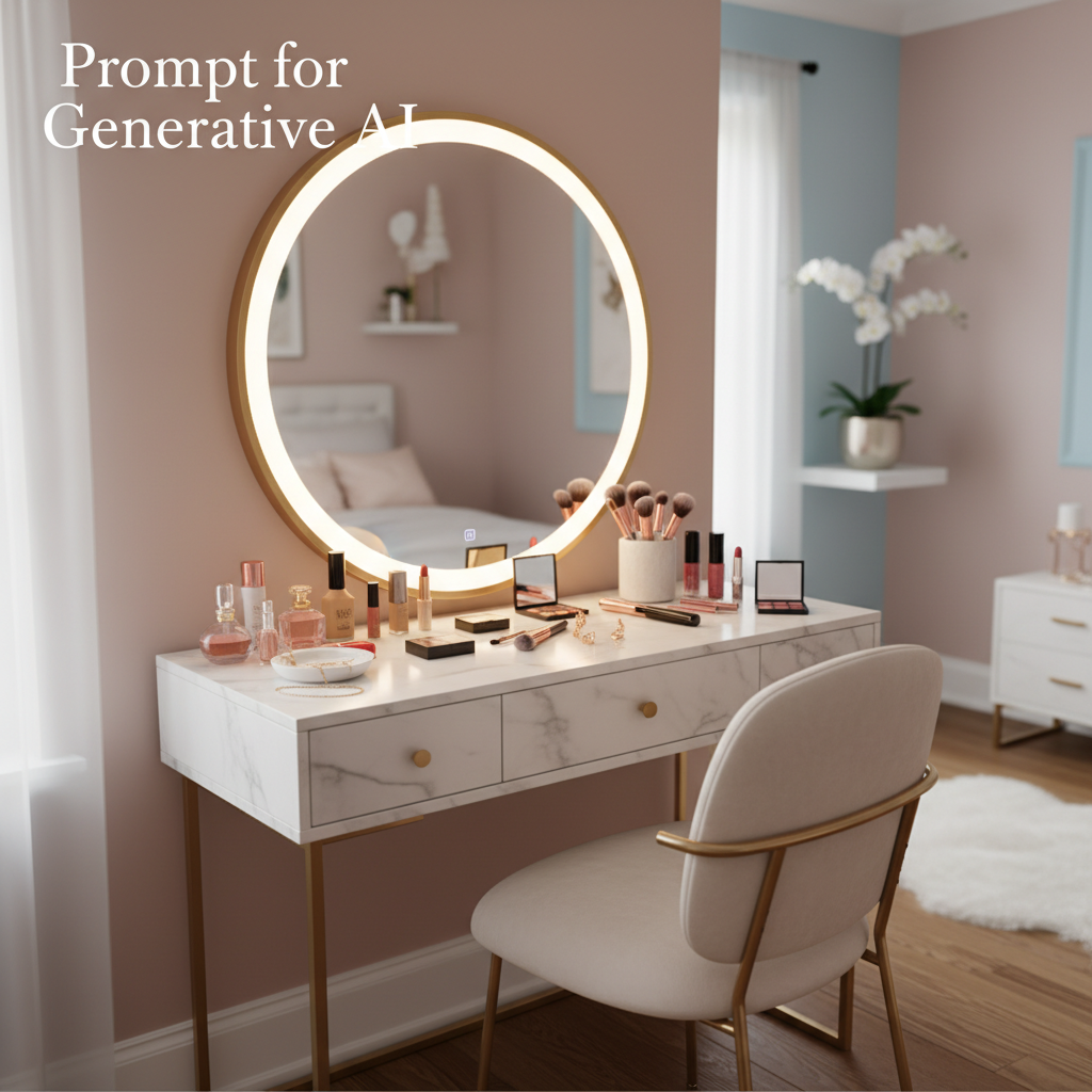 Elegant makeup vanity in a cozy bedroom, with mirror, chair, and neatly arranged beauty products.