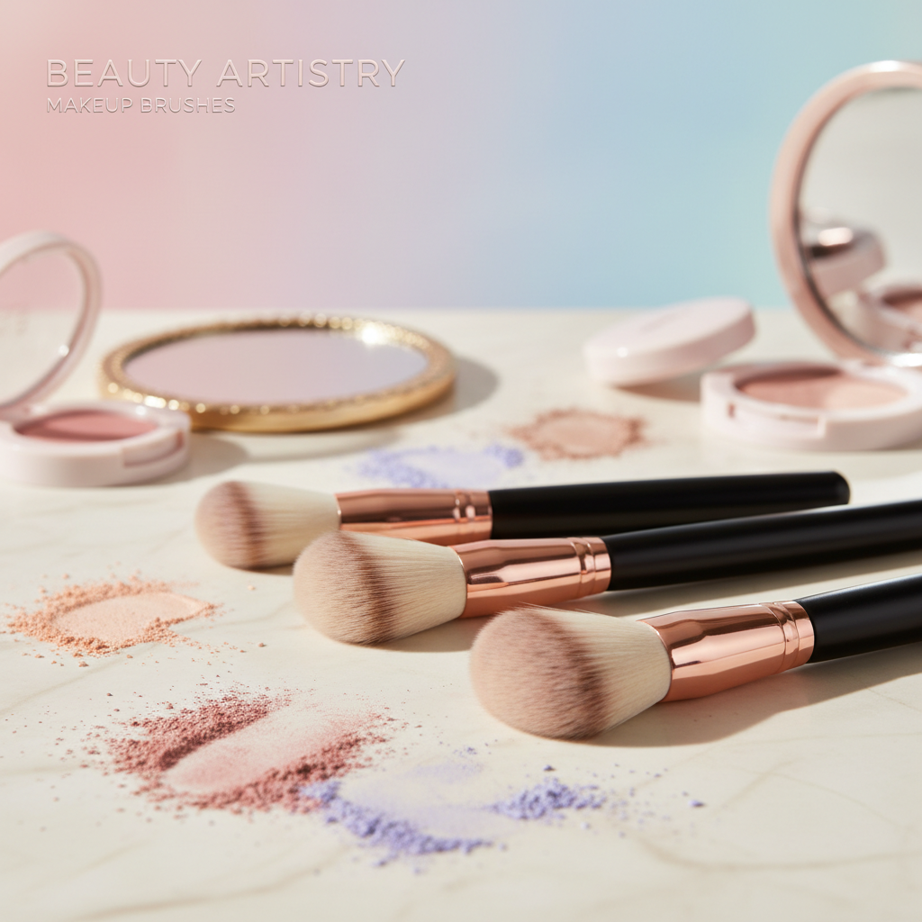 Elegant makeup brushes arranged on a pastel background with colorful powder accents, exuding glamour.