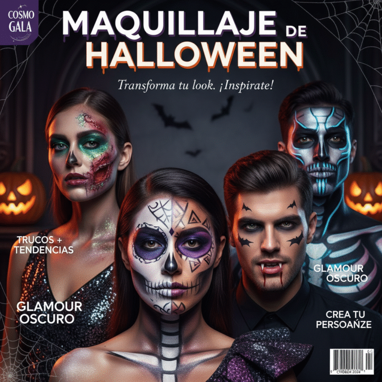 Diverse models with creative Halloween makeup posing on a festive, stylish magazine cover background.