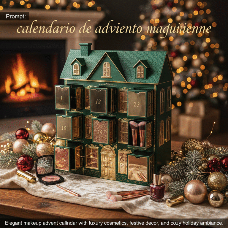 Elegant makeup advent calendar with luxury cosmetics, festive decor, and cozy holiday ambiance.