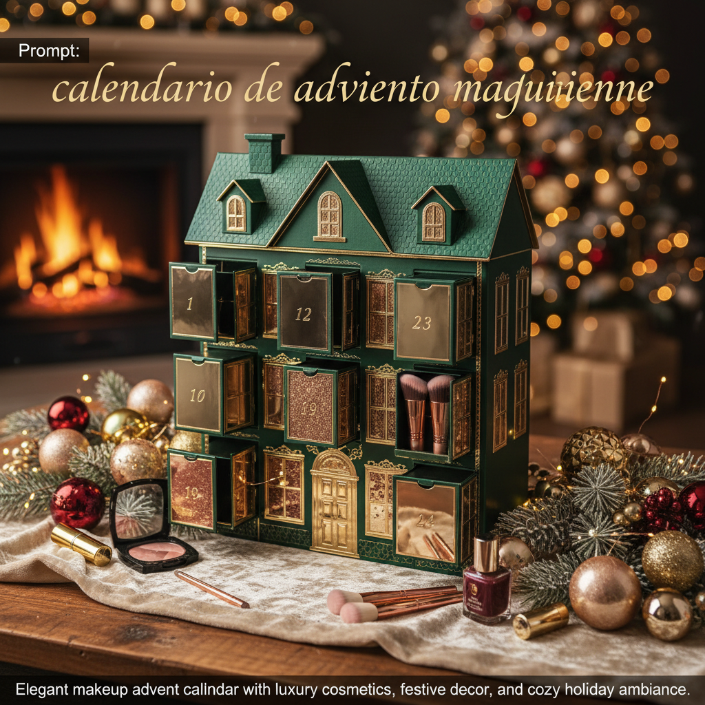 Elegant makeup advent calendar with luxury cosmetics, festive decor, and cozy holiday ambiance.