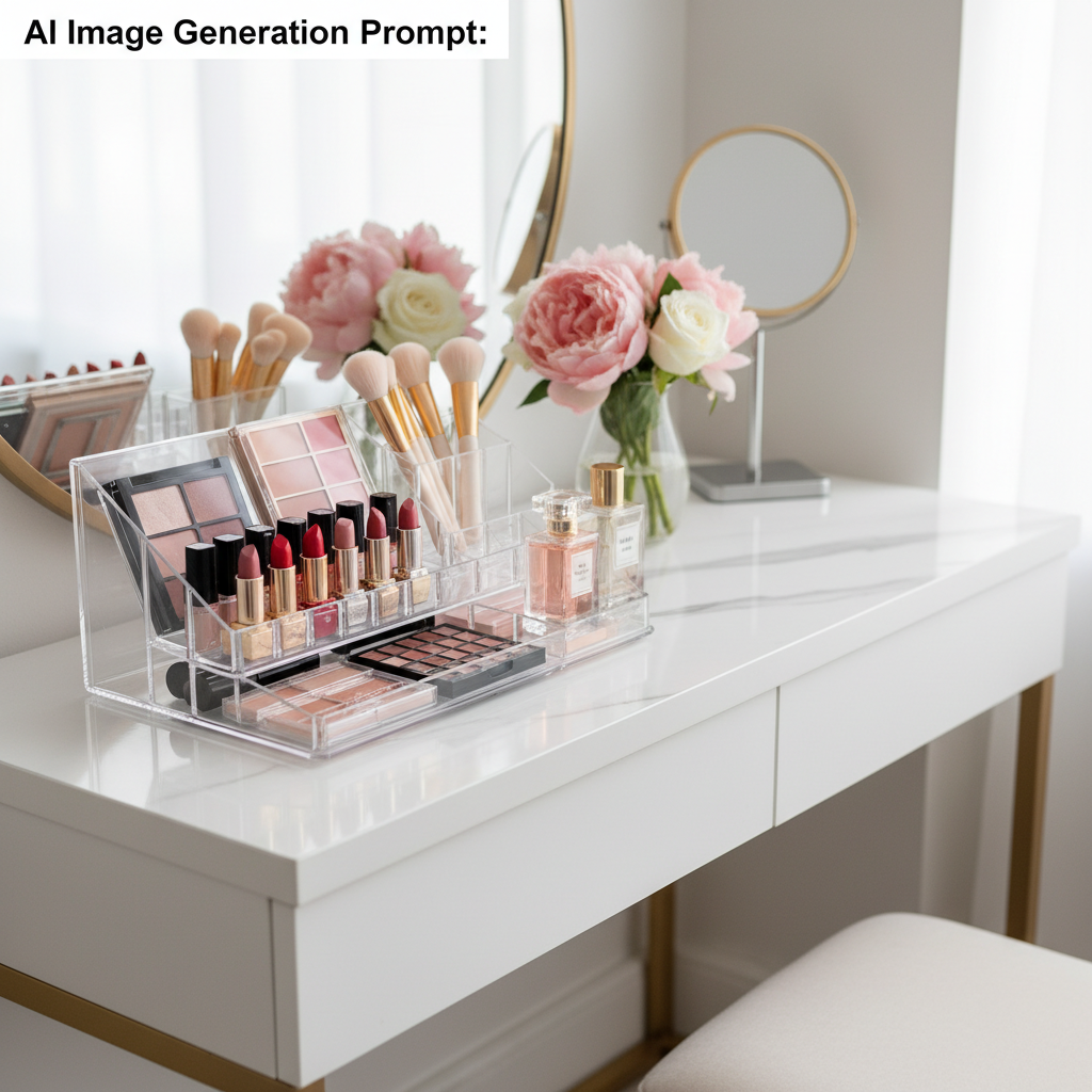 alt_text Clear acrylic makeup organizer with cosmetics, flowers, and mirror on a stylish, bright vanity table.