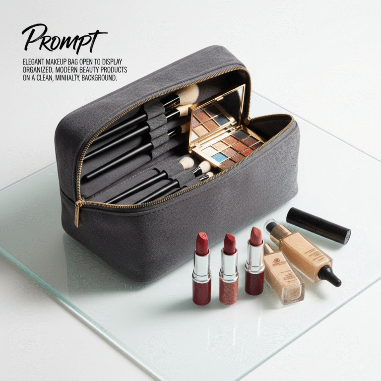 alt_text Elegant makeup bag open to display organized, modern beauty products on a clean, minimalist background.