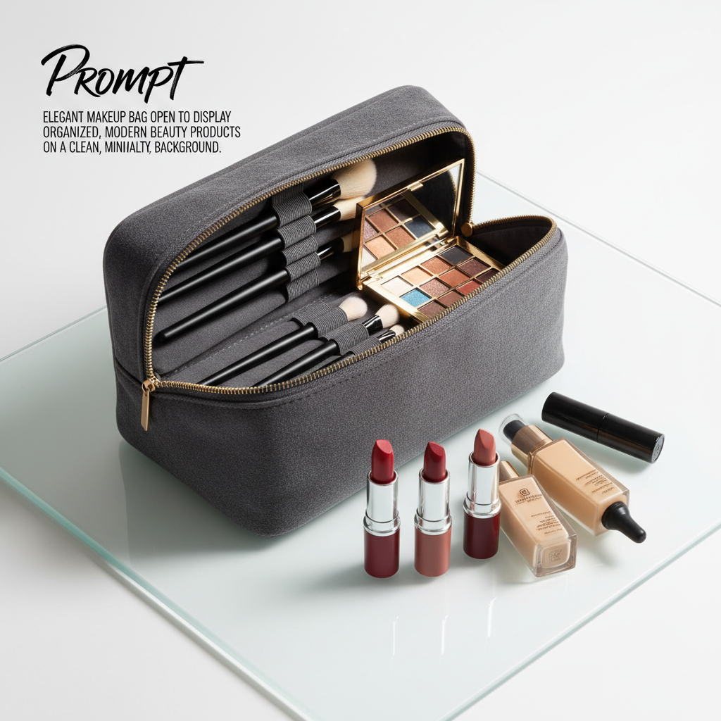 alt_text Elegant makeup bag open to display organized, modern beauty products on a clean, minimalist background.