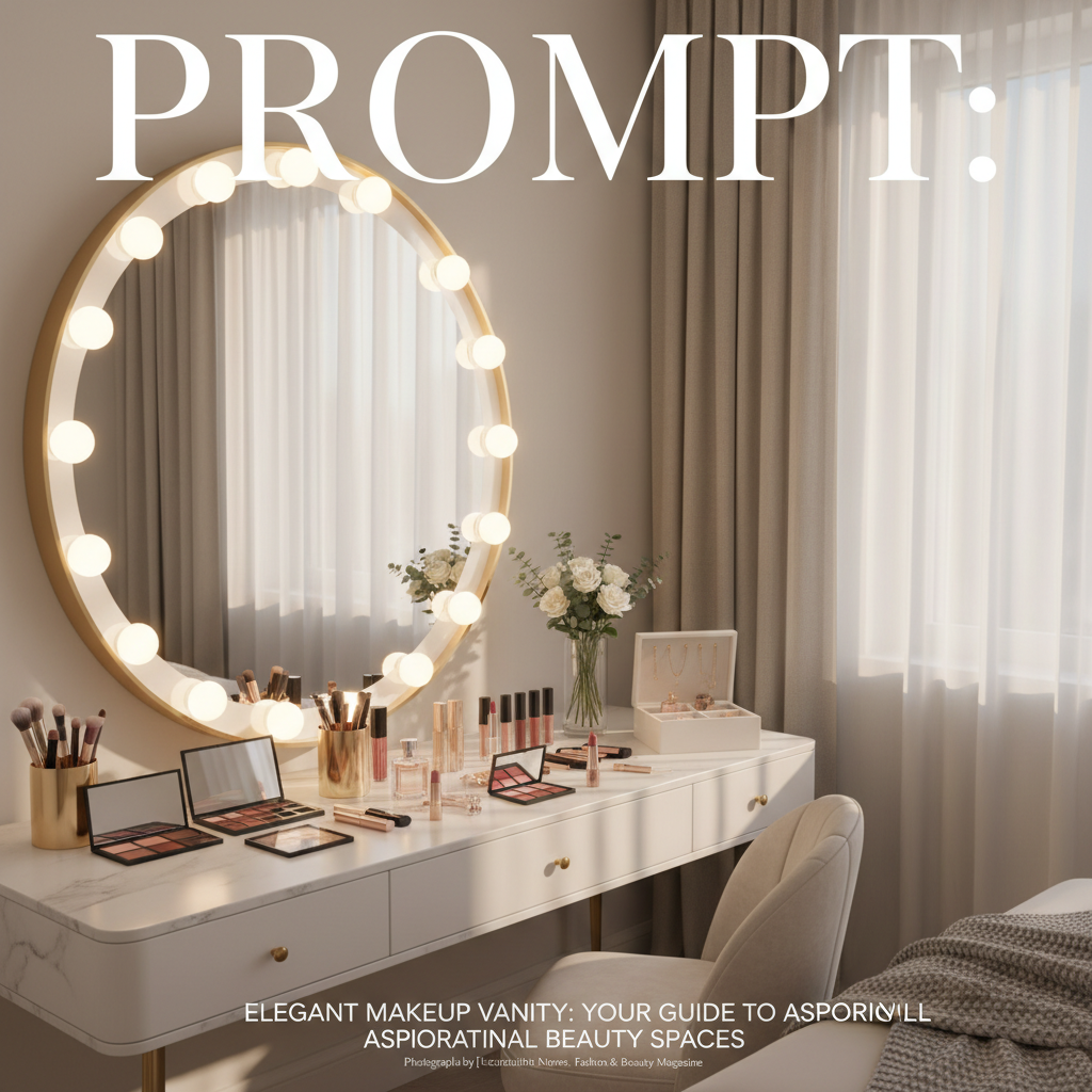 Elegant makeup vanity with glowing mirror, cosmetics, flowers, and chic decor in a cozy bedroom.
