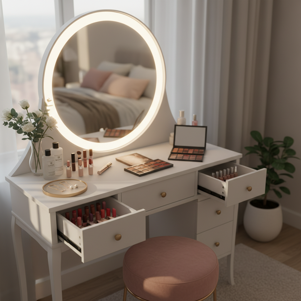 Elegant makeup vanity with LED mirror, velvet stool, and organized beauty products in a cozy bedroom.
