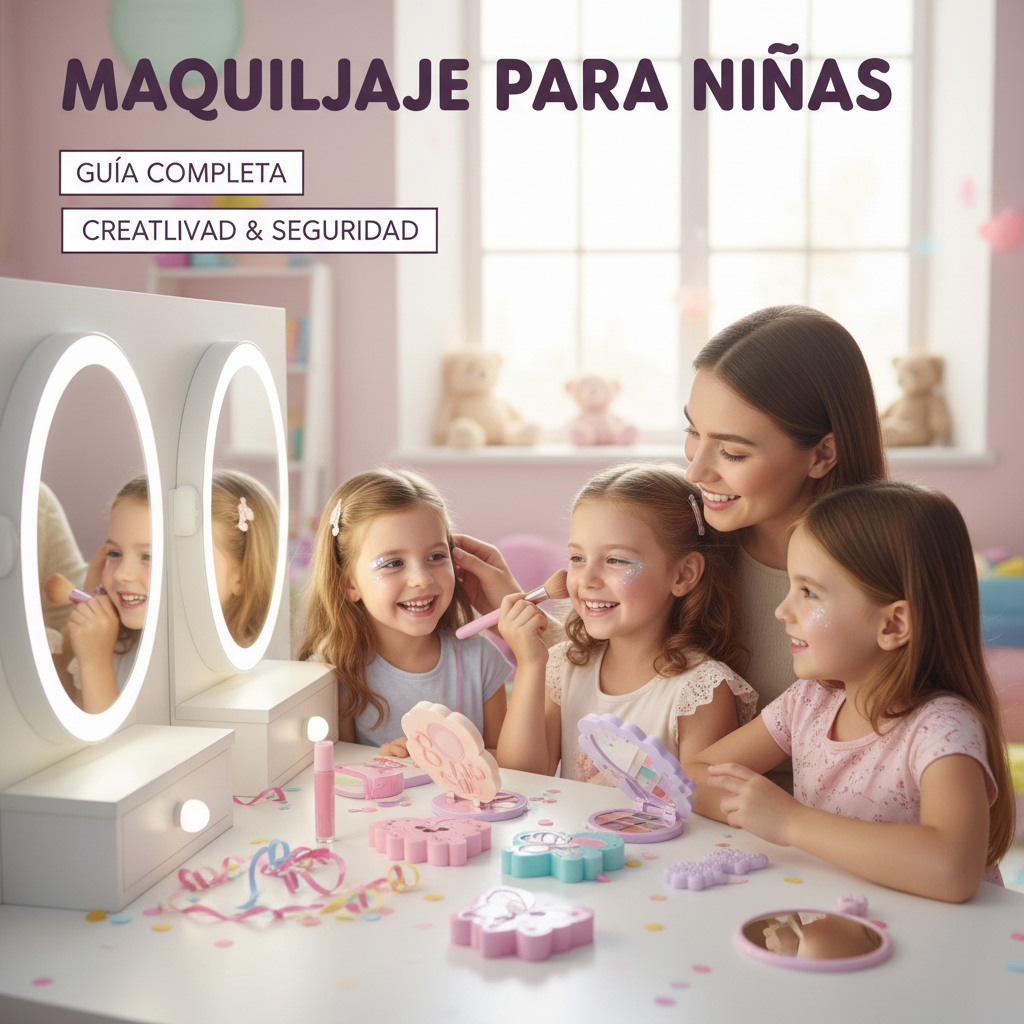 Young girls joyfully applying playful, age-appropriate makeup with caring adult supervision and smiles.