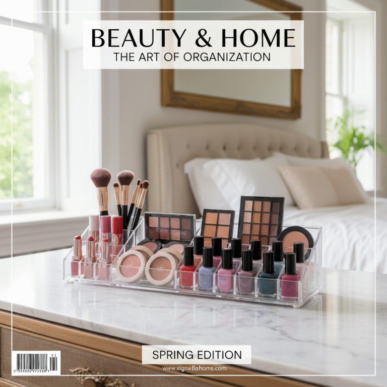alt_text A chic makeup organizer on a modern vanity, neatly displaying beauty products in a sunlit, elegant bedroom.
