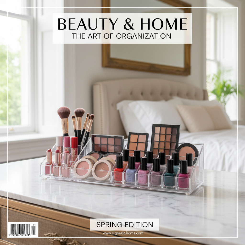 alt_text A chic makeup organizer on a modern vanity, neatly displaying beauty products in a sunlit, elegant bedroom.