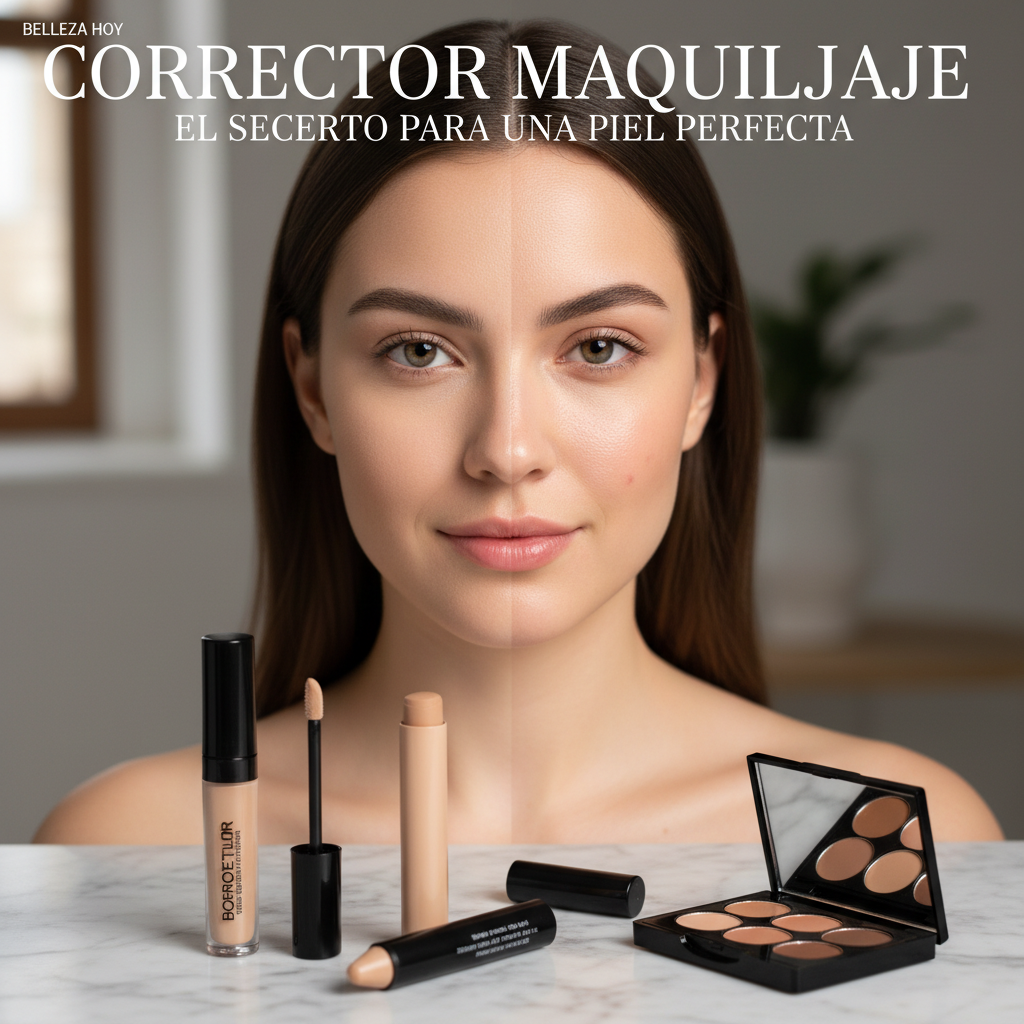 Modelo con mitad del rostro maquillado y mitad natural, mostrando el efecto del corrector maquillaje.