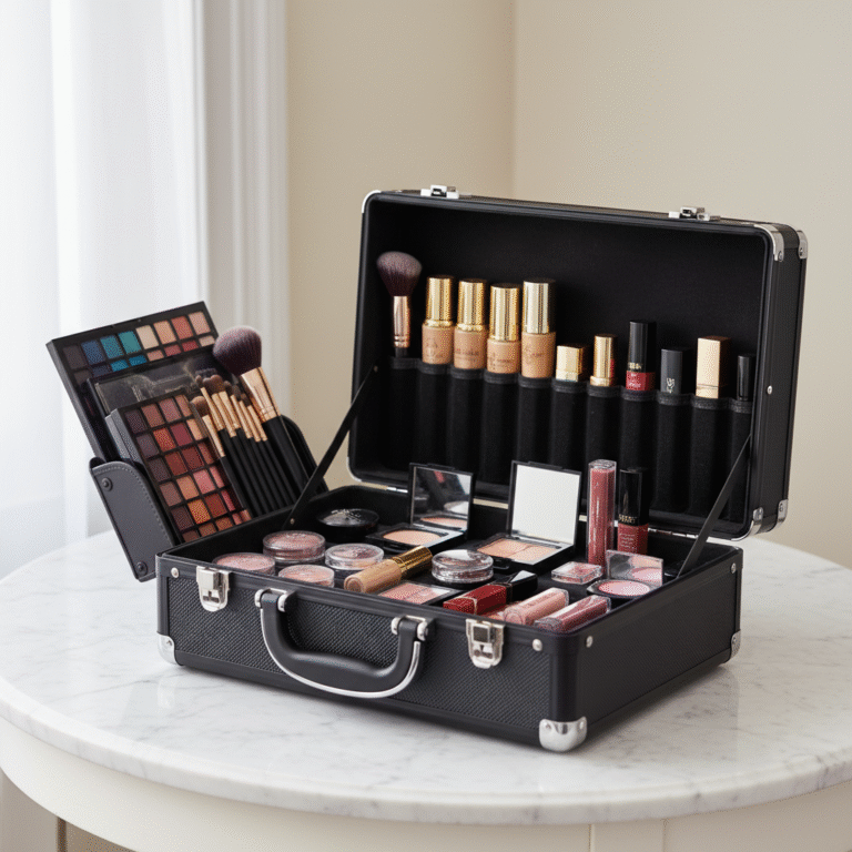 alt_text Open, elegant makeup case with organized cosmetics and brushes on a clean, stylish surface.