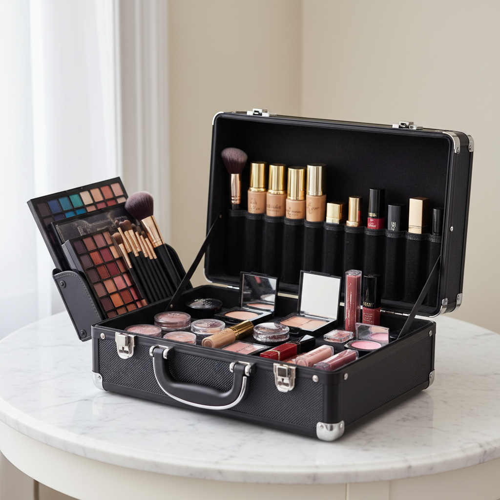 alt_text Open, elegant makeup case with organized cosmetics and brushes on a clean, stylish surface.