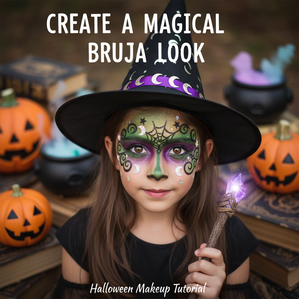 alt_text Young girl with vibrant witch makeup, hat, and magic props, ready for a magical Halloween celebration.