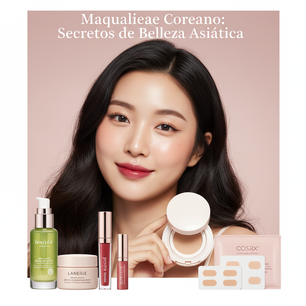 Young Korean woman with luminous skin and trendy makeup, surrounded by chic Korean beauty products.