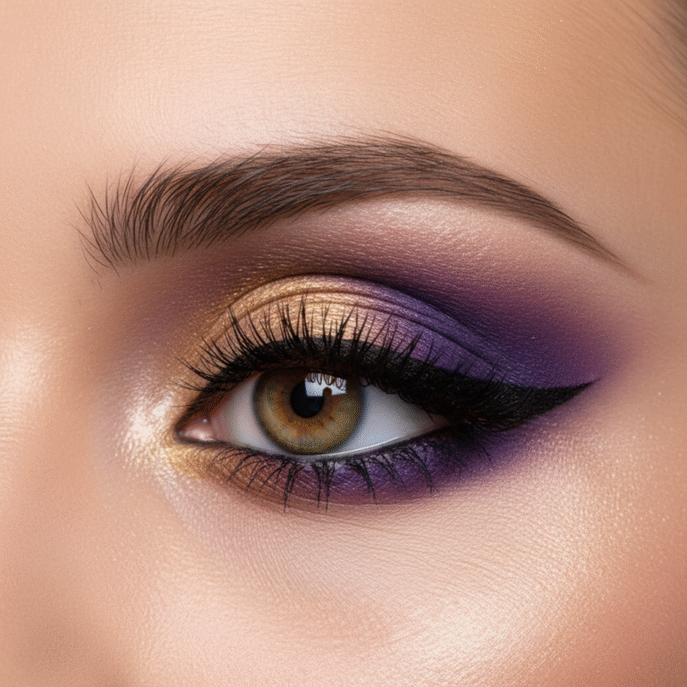 alt_text Close-up of woman's eyes with bold gold to purple eyeshadow, dramatic eyeliner, and voluminous lashes.