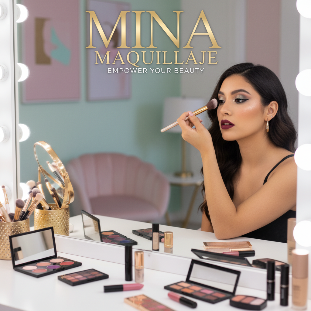 Confident Latina Mina applies vibrant makeup at a chic vanity for a stylish "Mina Maquillaje" cover.