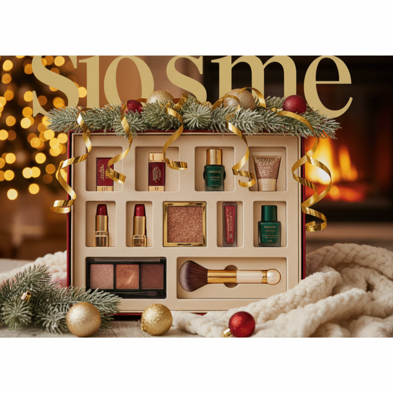 Luxurious makeup advent calendar with festive beauty products, sparkling decor, and holiday ambiance.