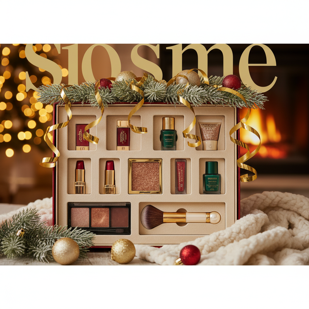 Luxurious makeup advent calendar with festive beauty products, sparkling decor, and holiday ambiance.