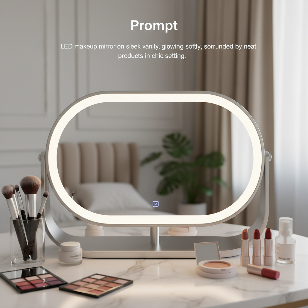 alt_text LED makeup mirror on sleek vanity, glowing softly, surrounded by neat makeup products in chic setting.