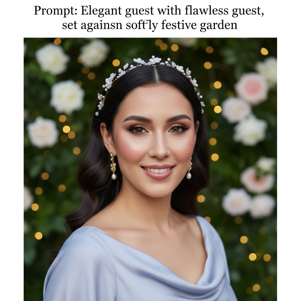 Elegant wedding guest with flawless makeup in pastel dress, set against a softly blurred festive garden.