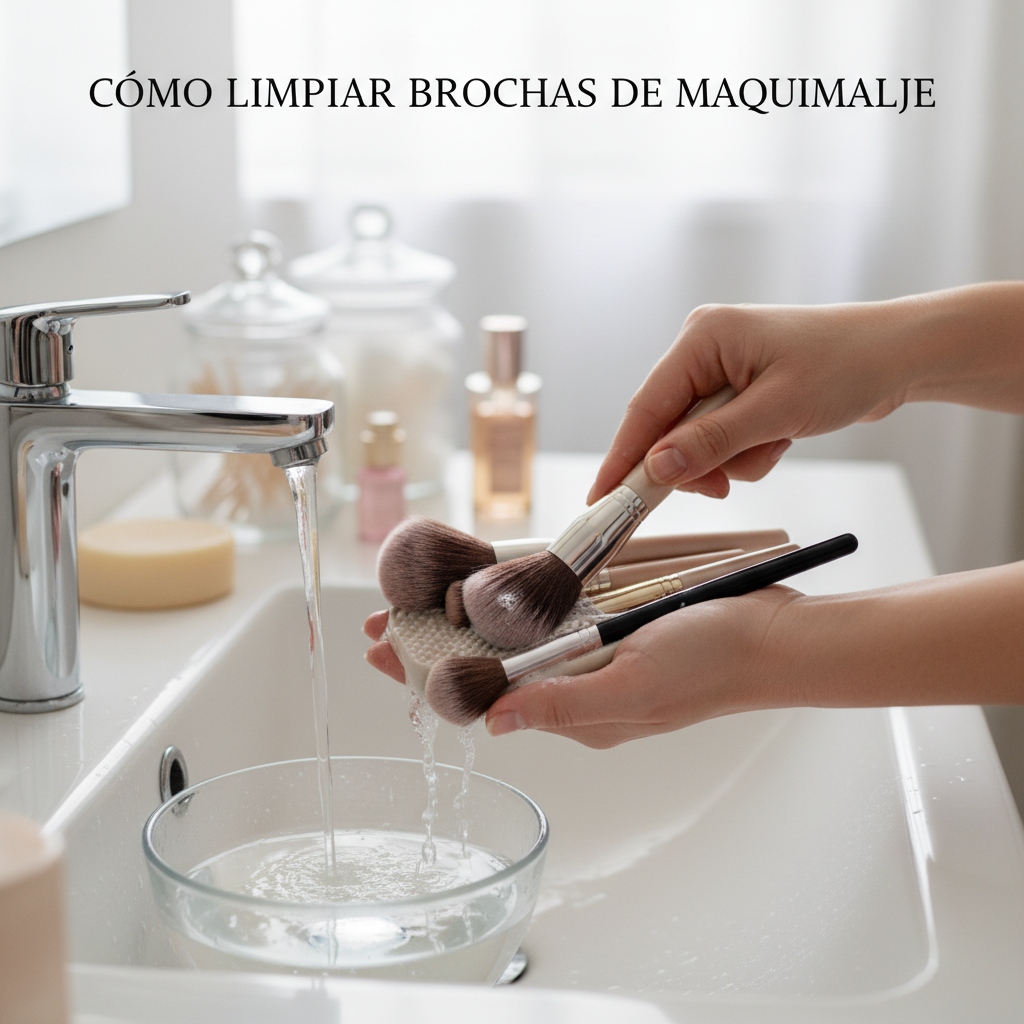 Hands cleaning makeup brushes with soap and water, showing care, cleanliness, and beauty essentials.
