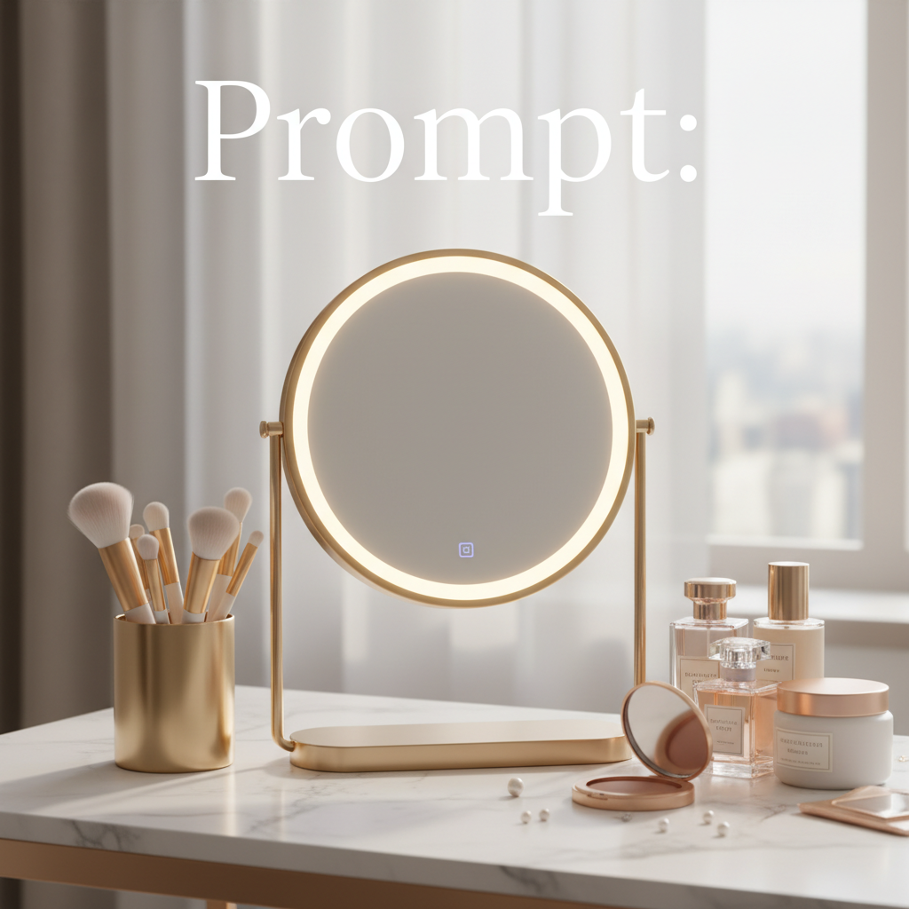 alt_text: Elegant LED makeup mirror on a modern vanity, surrounded by brushes and luxury beauty products.