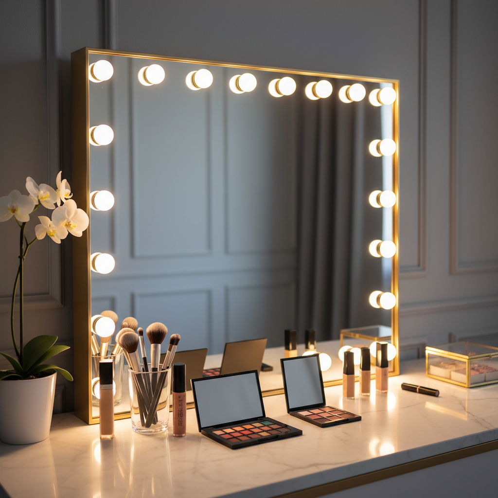 Modern vanity with a large LED-lit makeup mirror, neatly arranged beauty products, and elegant decor.