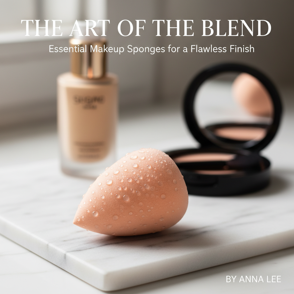 alt_text Close-up of a damp peach makeup sponge with water droplets, surrounded by blurred cosmetic products.