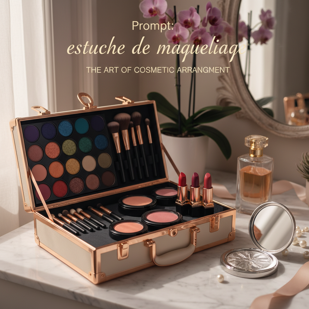 alt_text: Open makeup case with colorful cosmetics on marble vanity, surrounded by elegant accessories and soft light.