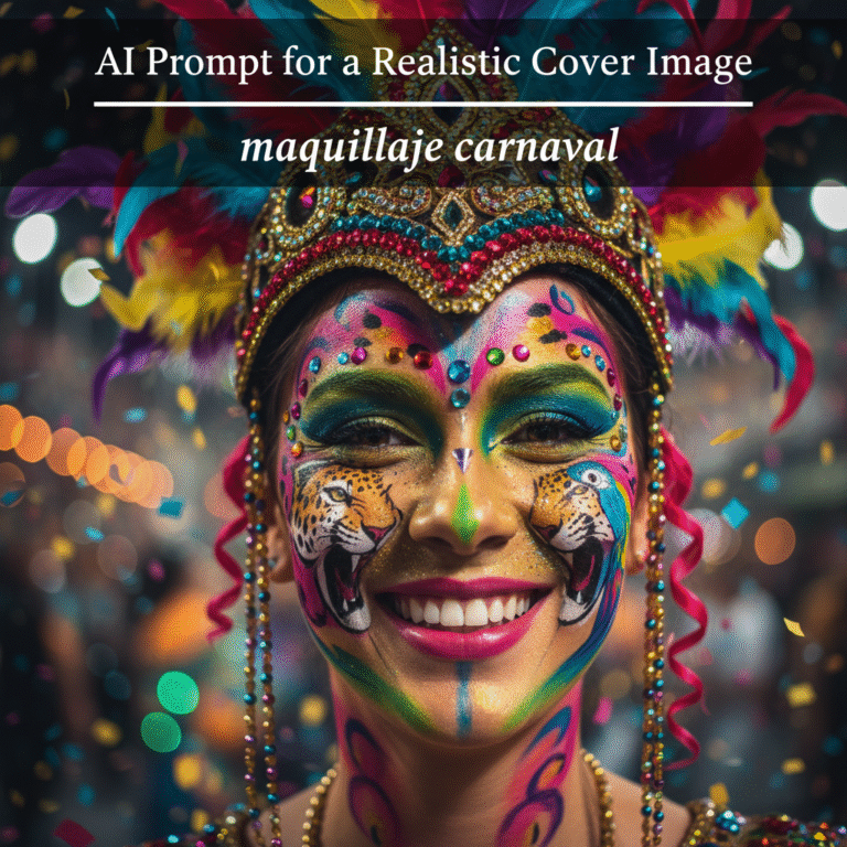 alt_text Close-up of vibrant carnival makeup with feathers, glitter, and festive colors against a lively parade backdrop.