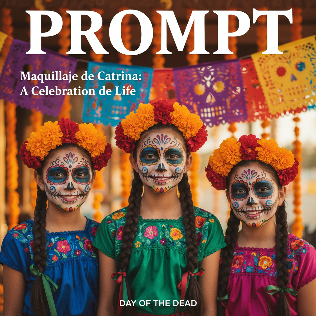 Three smiling girls in catrina makeup with marigolds and papel picado, celebrating Day of the Dead.