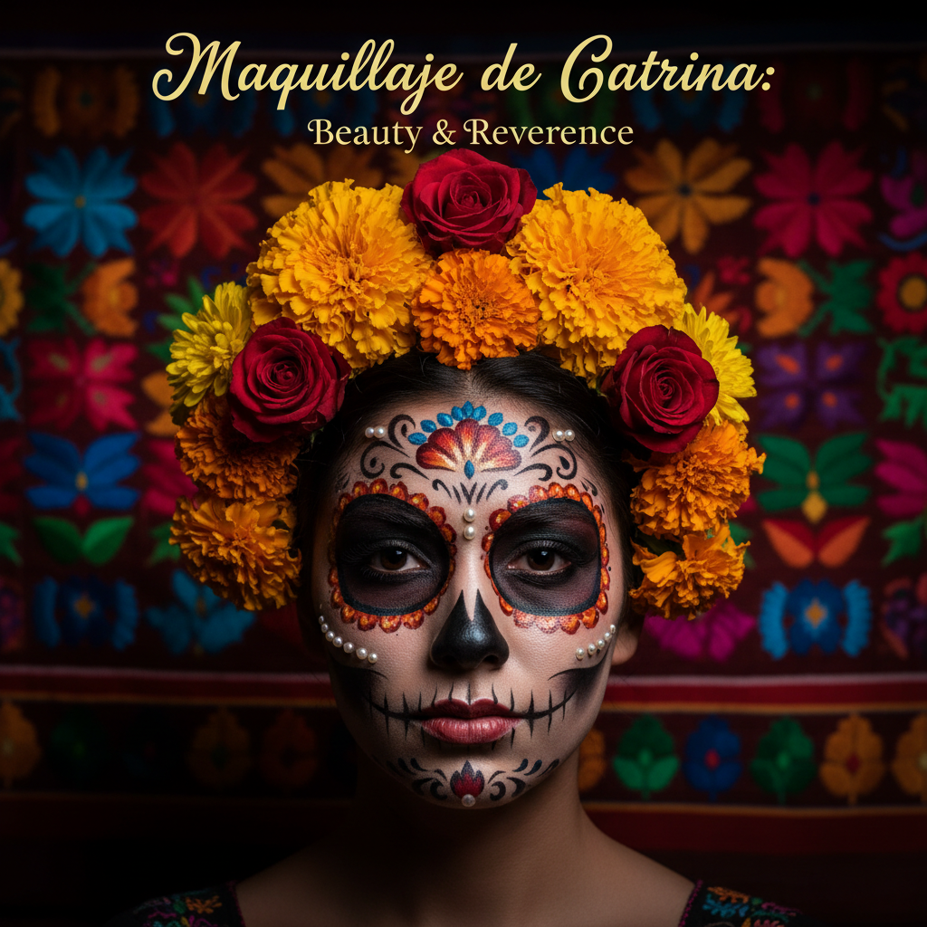 alt_text Woman with detailed Día de los Muertos catrina makeup, marigolds, and festive Mexican textiles.