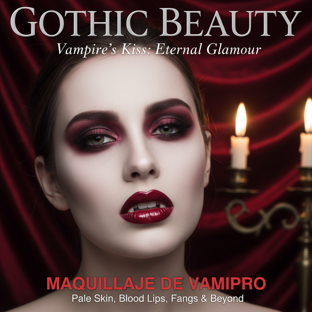Vampire makeup: pale skin, blood-red lips, smoky eyes, fangs, and gothic glamour on a magazine cover.