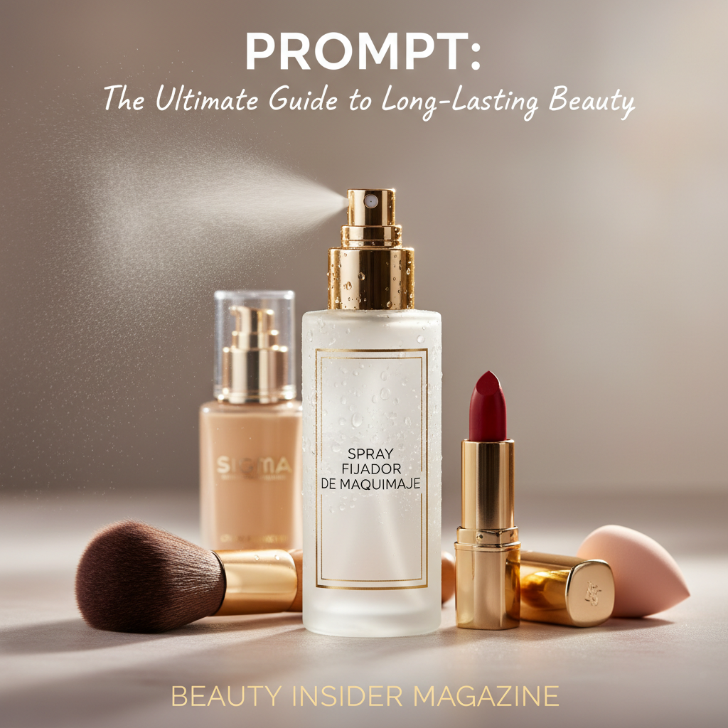 alt_text: Elegant setting spray bottle misting among chic makeup items on a glowy, modern beauty cover.
