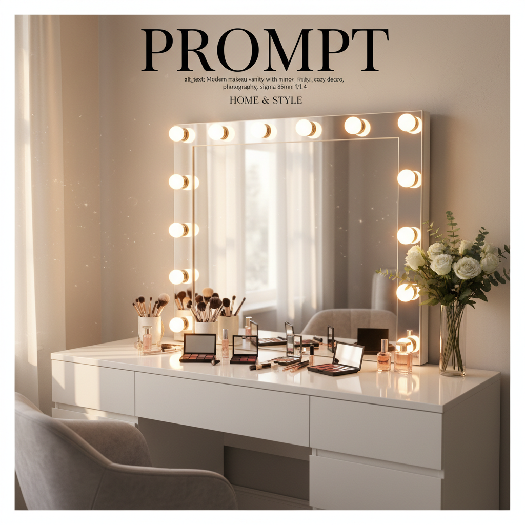 alt_text: Modern makeup vanity with lighted mirror, organized cosmetics, plush chair, and cozy decor.