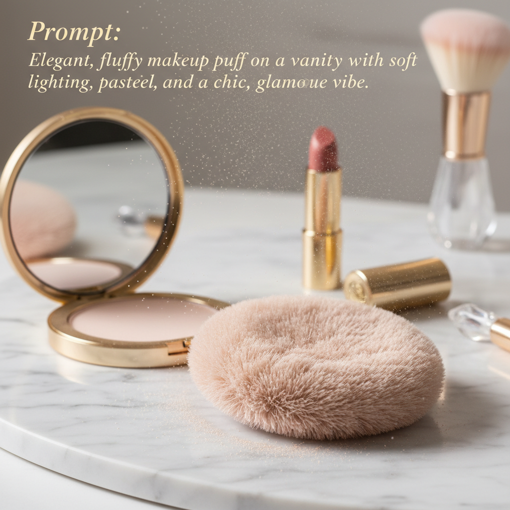 Elegant, fluffy makeup puff on a vanity with soft lighting, pastel tones, and a chic, glamorous vibe.