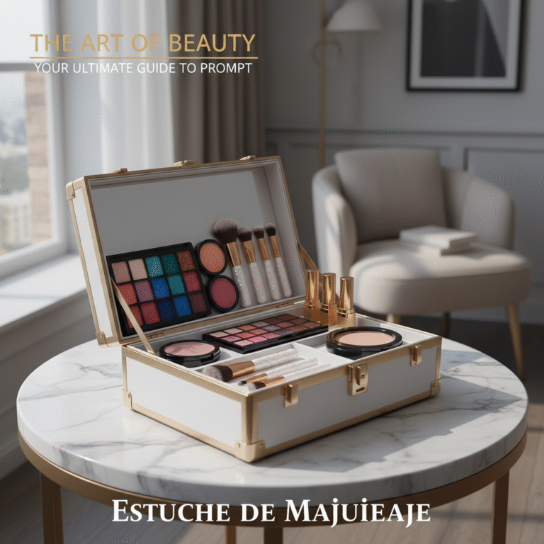 alt_text An elegant makeup case open on a vanity, displaying organized colorful cosmetics in soft natural light.