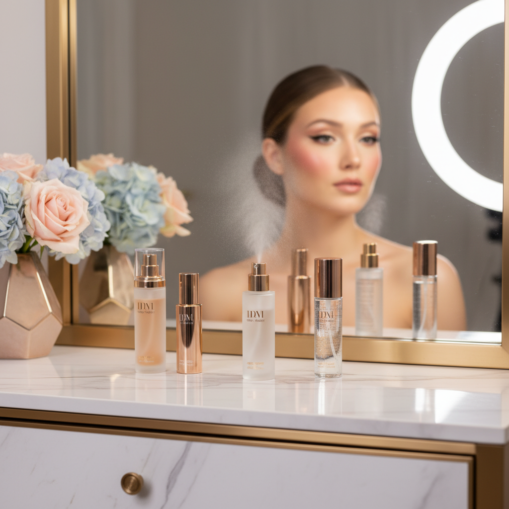 alt_text Stylish setting sprays on a chic vanity, misting near a glowing model, highlighting lasting beauty.