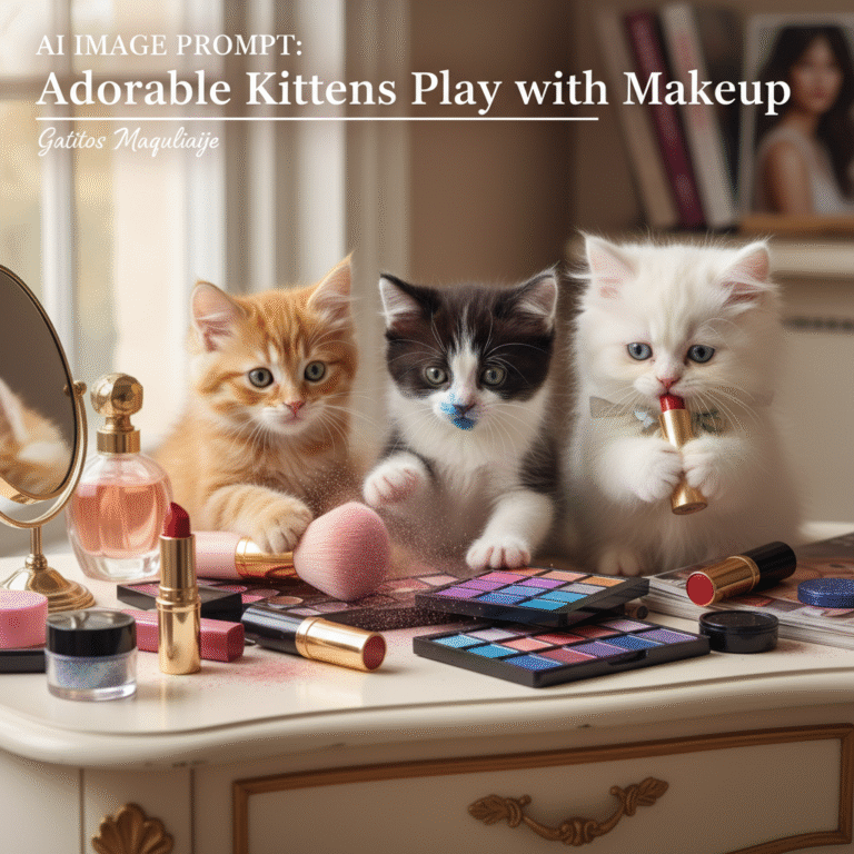 Adorable kittens play with colorful makeup on a stylish vanity table in a charming, cute scene.