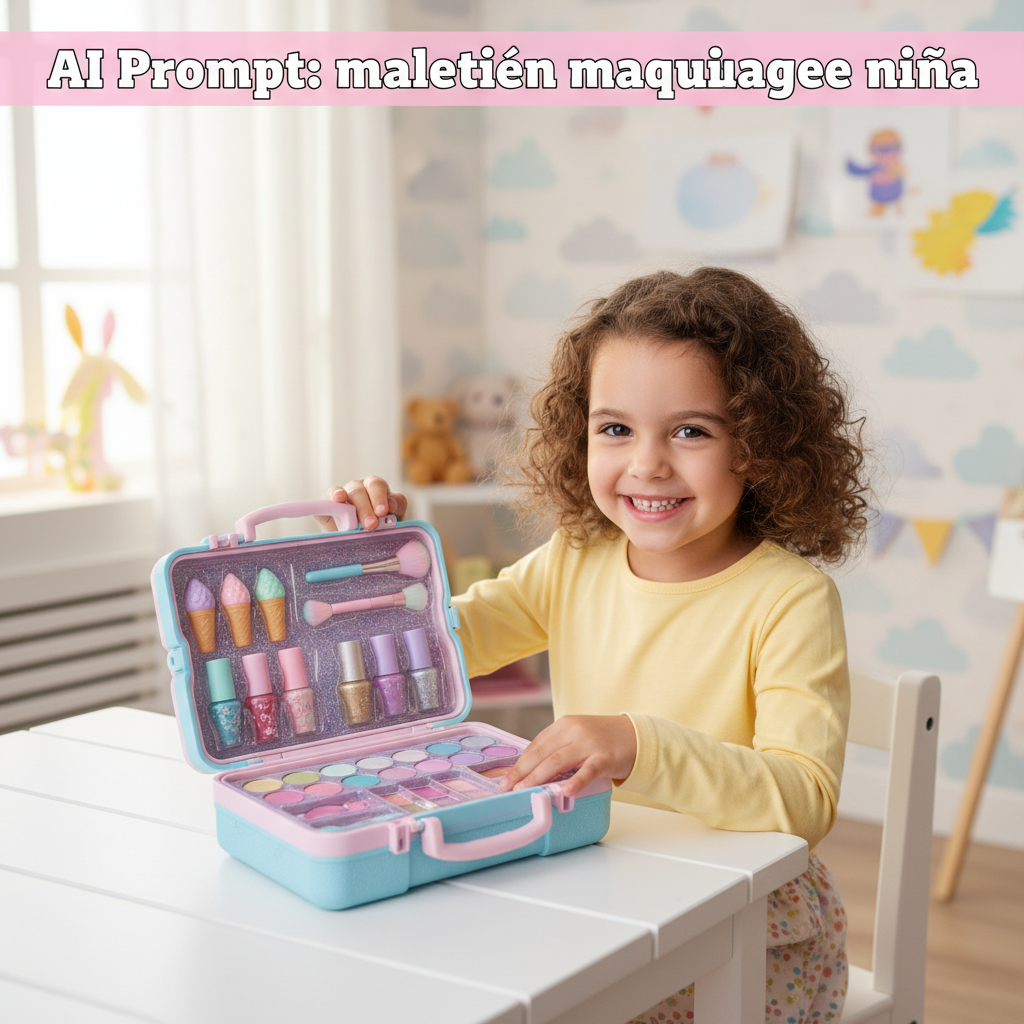 alt_text: Smiling girl opens colorful kids’ makeup case filled with playful, safe, pastel beauty items.