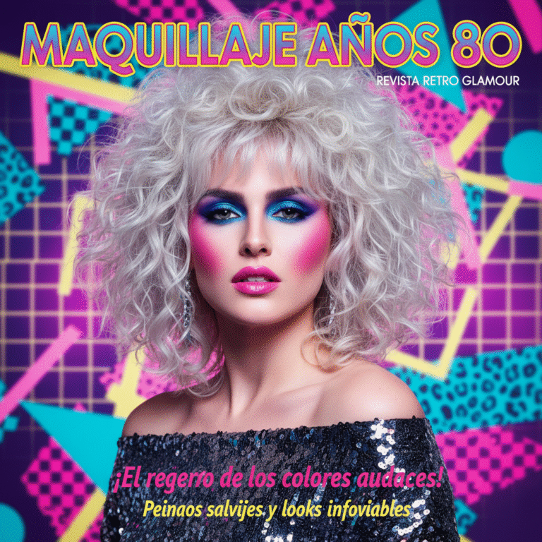 Woman in bold 80s makeup with neon background, vibrant eyeshadow, blush, and teased retro hair.