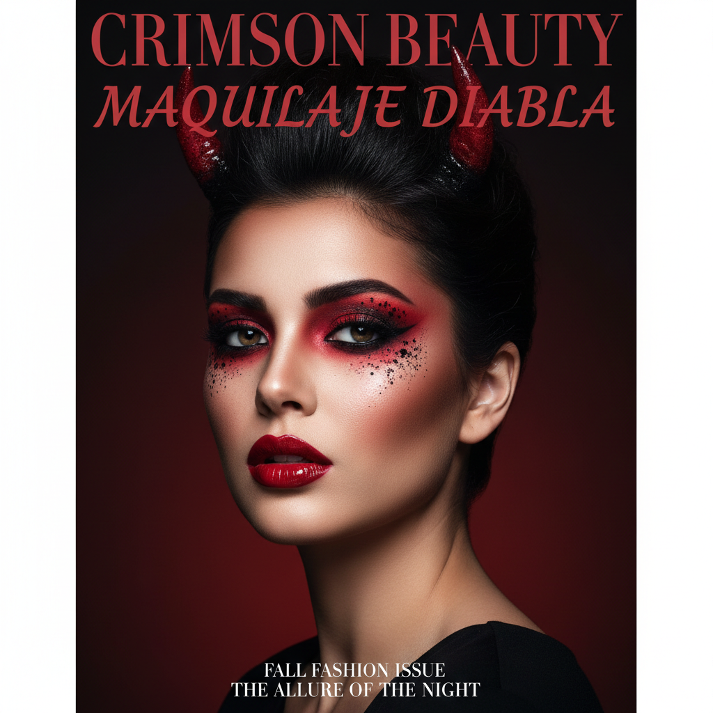 Confident woman with devilish red and black makeup, glossy lips, and subtle horns in a moody studio.