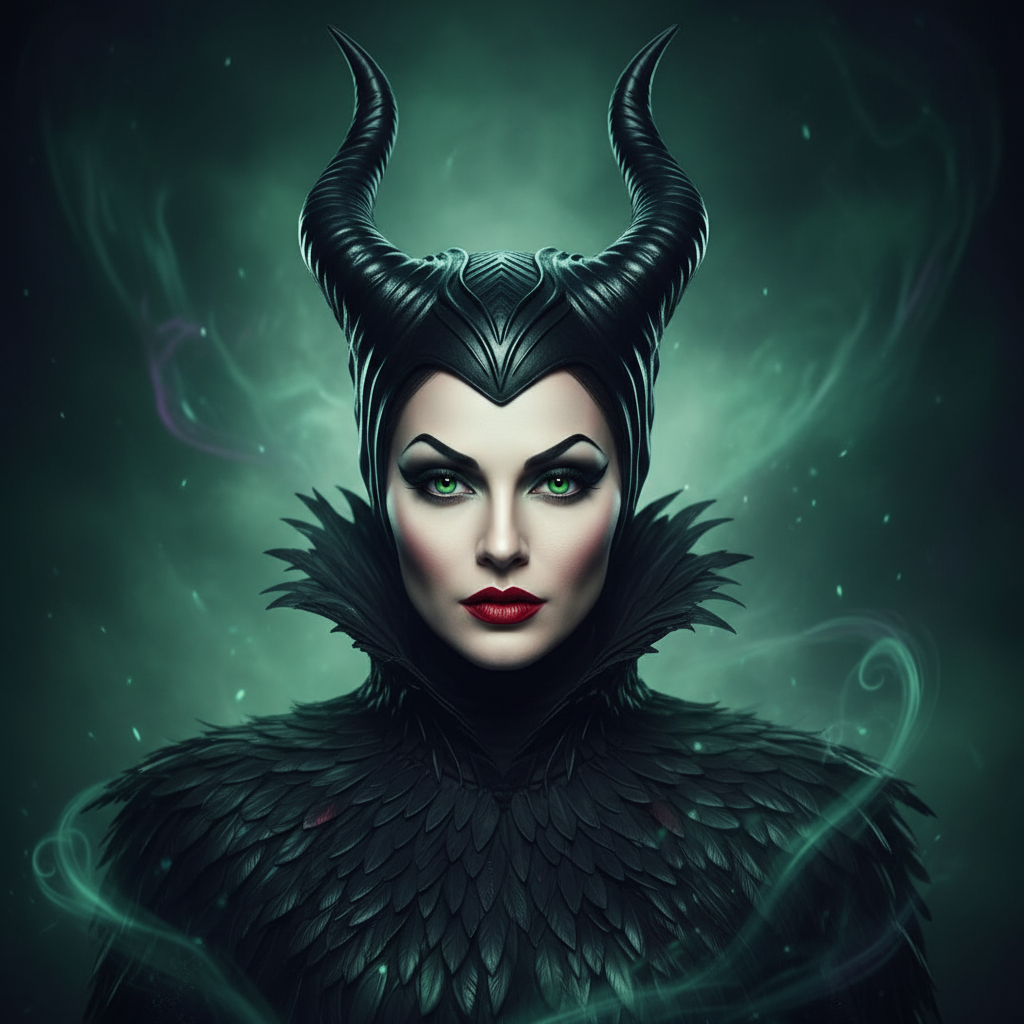 A dramatic Maleficent-inspired woman with striking makeup, horns, and a mystical, moody backdrop.