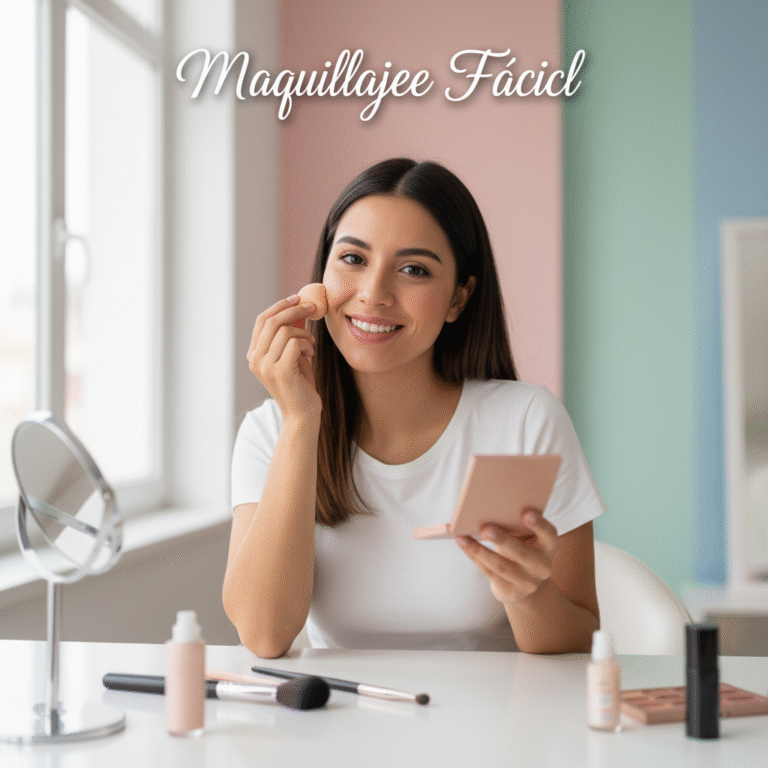 Young Latina woman smiling as she applies easy, elegant makeup at a bright, modern vanity table.