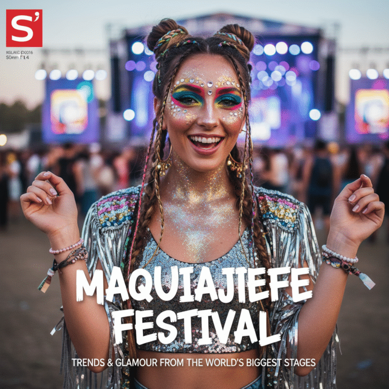 Young woman with vibrant festival makeup, colorful attire, and jewelry at a lively outdoor music festival.