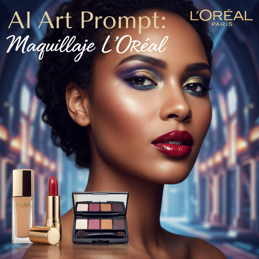 alt_text Diverse model flaunts bold L'Oréal makeup on a glossy magazine cover with featured makeup products.