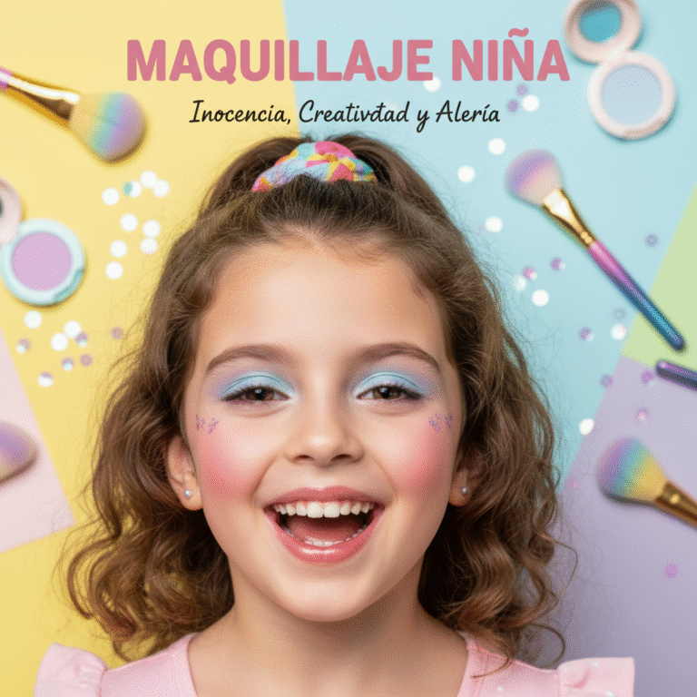 Smiling young girl with playful, age-appropriate makeup and cheerful colors, radiating joy and creativity.