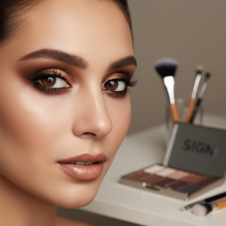 alt_text Close-up of a woman with brown eyes, elegant eye makeup, long lashes, and makeup tools in view.