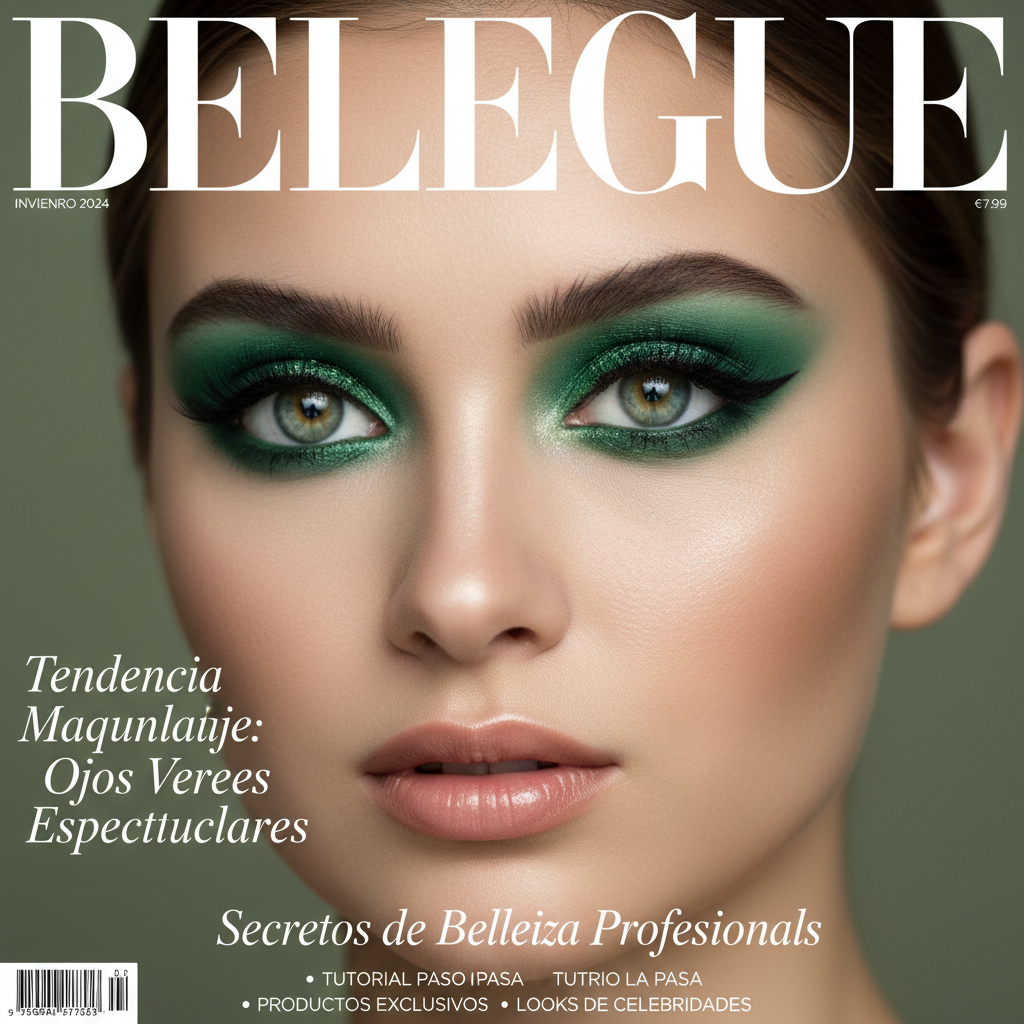 Revista moderna destaca maquillaje de ojos verdes vibrantes y secretos de belleza profesional.